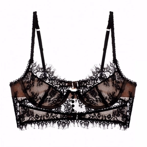 Elegant black eyelash lace longline bra with underwire and adjustable straps for women