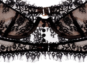 Detail shot of black eyelash lace embroidery with decorative buttons on sheer mesh bra