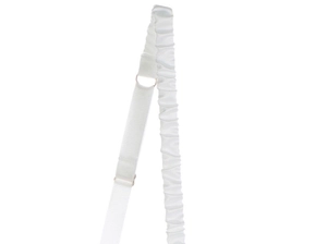 Detail of white ruffled elastic lace strap with gold metal D-ring and adjuster