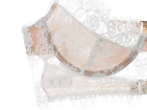 Detailed macro view of white eyelash lace embroidery and mesh fabric with underwire support
