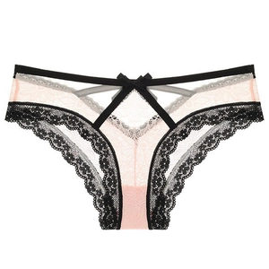 Culottes en Dentelle Sexy pour Femmes Style Français Respirant Taille Basse Sous-vêtements Motif Floral Nœud Lingerie