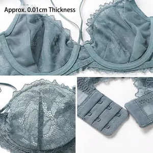 Lace lingerie set in teal blue with ultra-thin mesh cups and vintage floral patterns