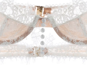 Detail of white eyelash lace bra with floral patterns and pearl decorative buttons