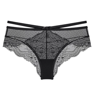 Sexy black floral lace underwear for women with double waist straps and bow detail