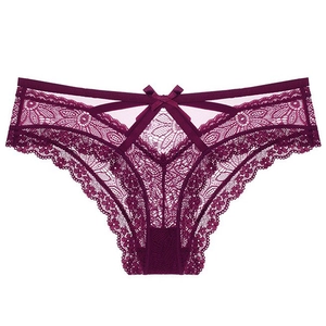 Culotte en dentelle ultra-fine style français violet foncé avec nœud et découpes