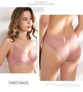 Détail d'ensemble lingerie en dentelle rose avec bonnets fins et culotte ajourée