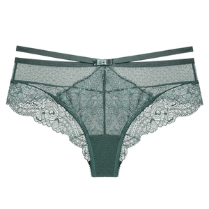 Sexy dark green lace panties with double waistband and breathable mesh for women