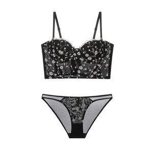 Lace bustier lingerie set with delicate floral embroidery and matching panties in black