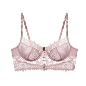 Pale pink French lace bra with front buckle closure and ruffled straps on white background