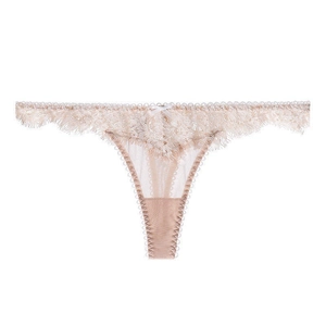 Champagne eyelash lace thong for women with sheer mesh and a delicate ribbon bow