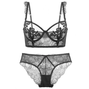 Detailed view of elegant black floral lace embroidery on sheer mesh lingerie set