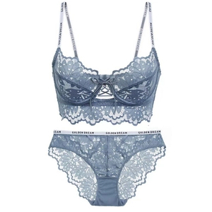 Lace lingerie set in grey blue with Golden Dream lettered straps and scalloped edges