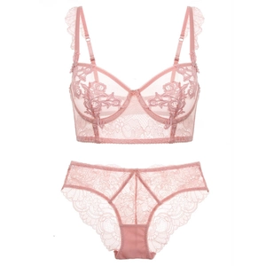 Detail of light pink floral lace lingerie set showing embroidery and underwire bra cup