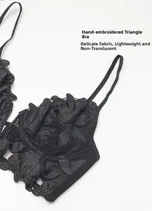 Close-up of black floral embroidery on sheer mesh triangle cup bra with fine stitching