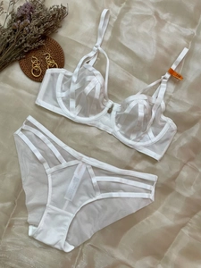 Close-up of white lace lingerie set with geometric cut-outs and soft mesh texture