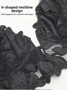 Macro detail of black floral lace lingerie showing V-neck design and supportive bone structure