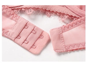 Vue détaillée du dos du soutien-gorge en dentelle avec fermeture à trois rangées en rose pâle