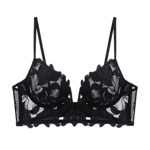 Sexy French V-neck ultra-thin black lace bra with floral embroidery and steel underwire