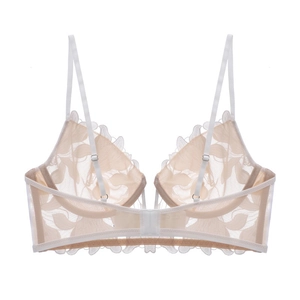 French style thin beige lace bra with deep V floral embroidery and adjustable straps