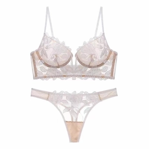 Women Sexy Lace Lingerie Deep V Floral Embroidery Ultra Thin Underwired Bra And Panty Two Combination Underwear