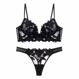 Sexy black floral lace lingerie set with deep V neck and sheer mesh panels