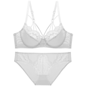 Detail of white lace lingerie set with semi-cup bra and matching sheer floral lace panties