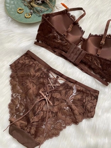 Ensemble lingerie en dentelle chocolat avec laçage en velours vintage au dos du slip