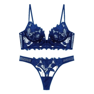 Sultry dark blue deep V-neck lace embroidery lingerie set with wired bra and thong