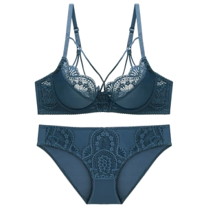 Detail view of lace lingerie set in peacock blue with floral patterns and scalloped edges