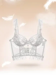 Detailed close-up of white French floral lace embroidery and ruffled shoulder straps