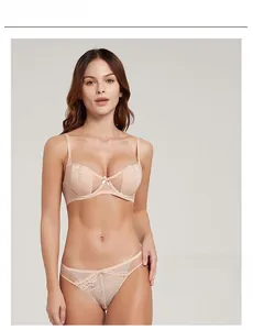 Detailed view of beige lace lingerie set with thin straps and delicate mesh embroidery