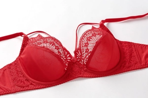 Detail of red floral lace bra with smooth satin trim and adjustable strap features