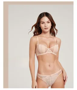 Detailed view of nude French lace bra with underwire support and matching mesh panties