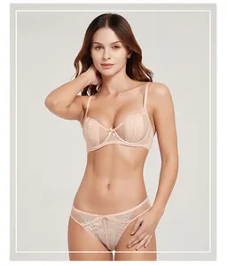 Detailed view of the sheer beige lace bra and matching panties with floral embroidery
