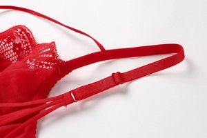 Detailed macro view of red floral lace fabric and adjustable straps on the sexy bra set