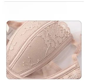 Detailed close-up of nude lace floral texture and breathable mesh on a thin bra