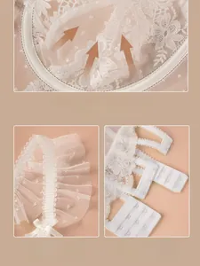 Detailed view of white lace bra featuring soft underwire support and mesh flutter sleeves