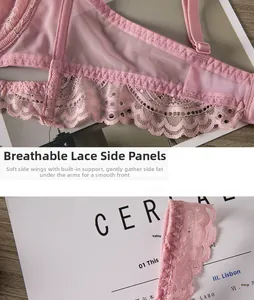 Dettaglio delle ali laterali del reggiseno in pizzo rosa con mesh e supporto laterale