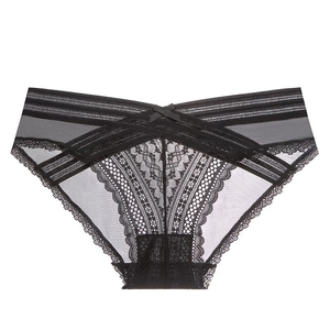 Culottes Sexy en Dentelle et Maille pour Femmes Taille Basse Croisée en V Slips Transparents avec Gousset en Coton Lingerie