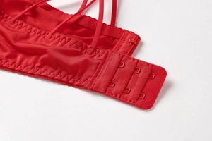 Detail of red lace lingerie featuring a secure three-row back hook closure and thin straps