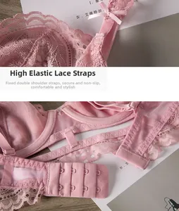 Dettaglio del reggiseno in pizzo rosa con spalline elastiche e chiusura a quattro ganci