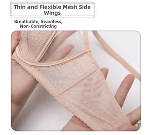 Detail of wide lace side wing and breathable elastic mesh on seamless bra
