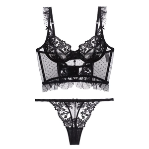 French Style Sexy Lace Bra And Panties For Women Longline Floral Embroidery Bustier Ultra Thin Polka Dot Mesh Ruffle Lingerie