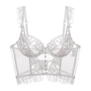 French Style Sexy Lace Embroidery Minimizer Bra Top And Bottom Vintage Floral Polka Dot Mesh Ruffle Underwired Bustier Lingerie