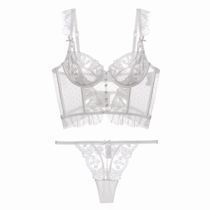 French-style white lace lingerie set with floral embroidery and ruffle straps