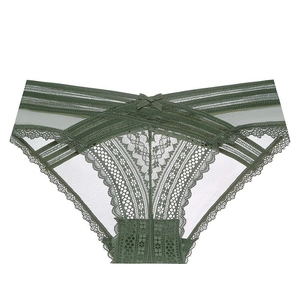 Culotte sexy en dentelle vert foncé avec motif floral en résille et détail de nœud décoratif