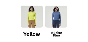 Detail view of the yellow-green and marlin blue slim fit yoga jackets with thumbholes