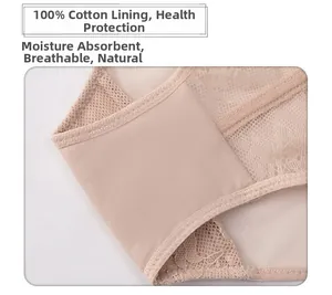 Detailed view of the 100% cotton crotch lining on these nude lace panties for women