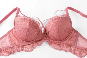 Vue détaillée du soutien-gorge en dentelle rose poudré avec bords festonnés et tulle fin