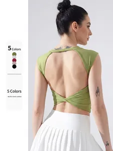 Débardeur de Yoga Dos Nu pour Femmes Avec Coussinets Intégrés Torsion Croisée Crop Top Coupe Ajustée Sans Manches Sport Fitness T-Shirt